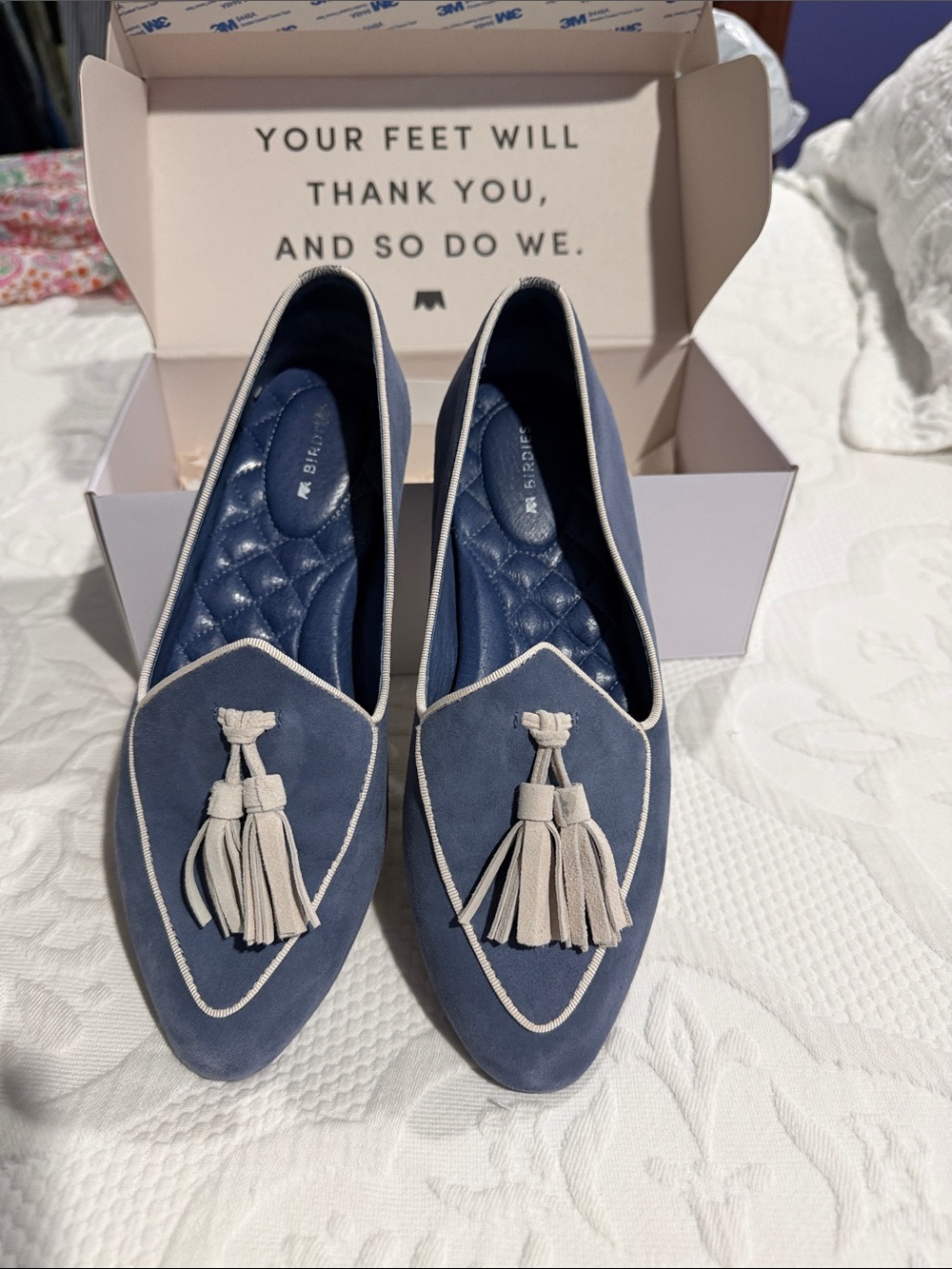 Birdies Navy Suede Pointed Tassel Loafers with Cream Trim
